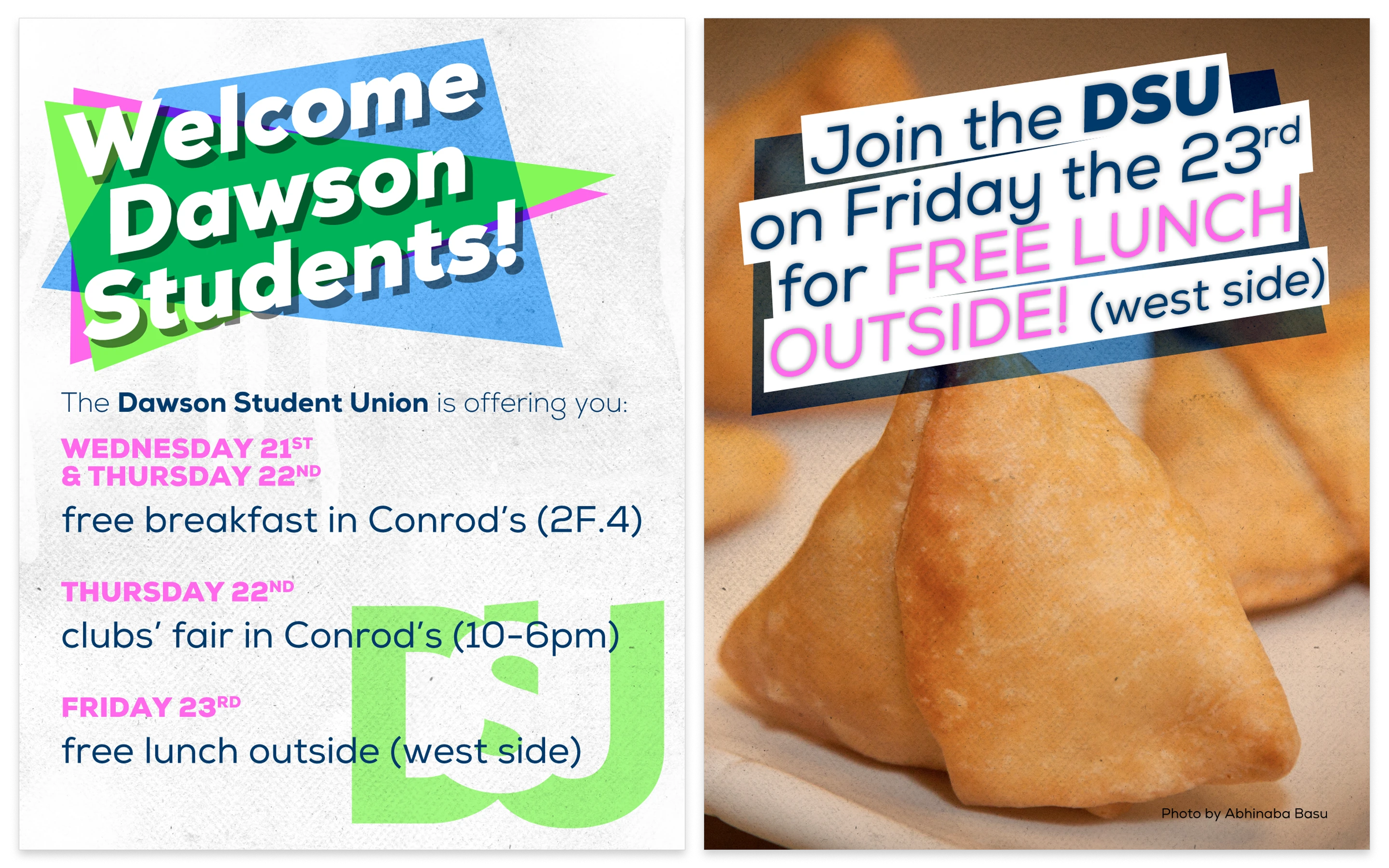 Two sides of a welcome flyer for Dawson, including three activities, colourful shapes, and a photo of samosas