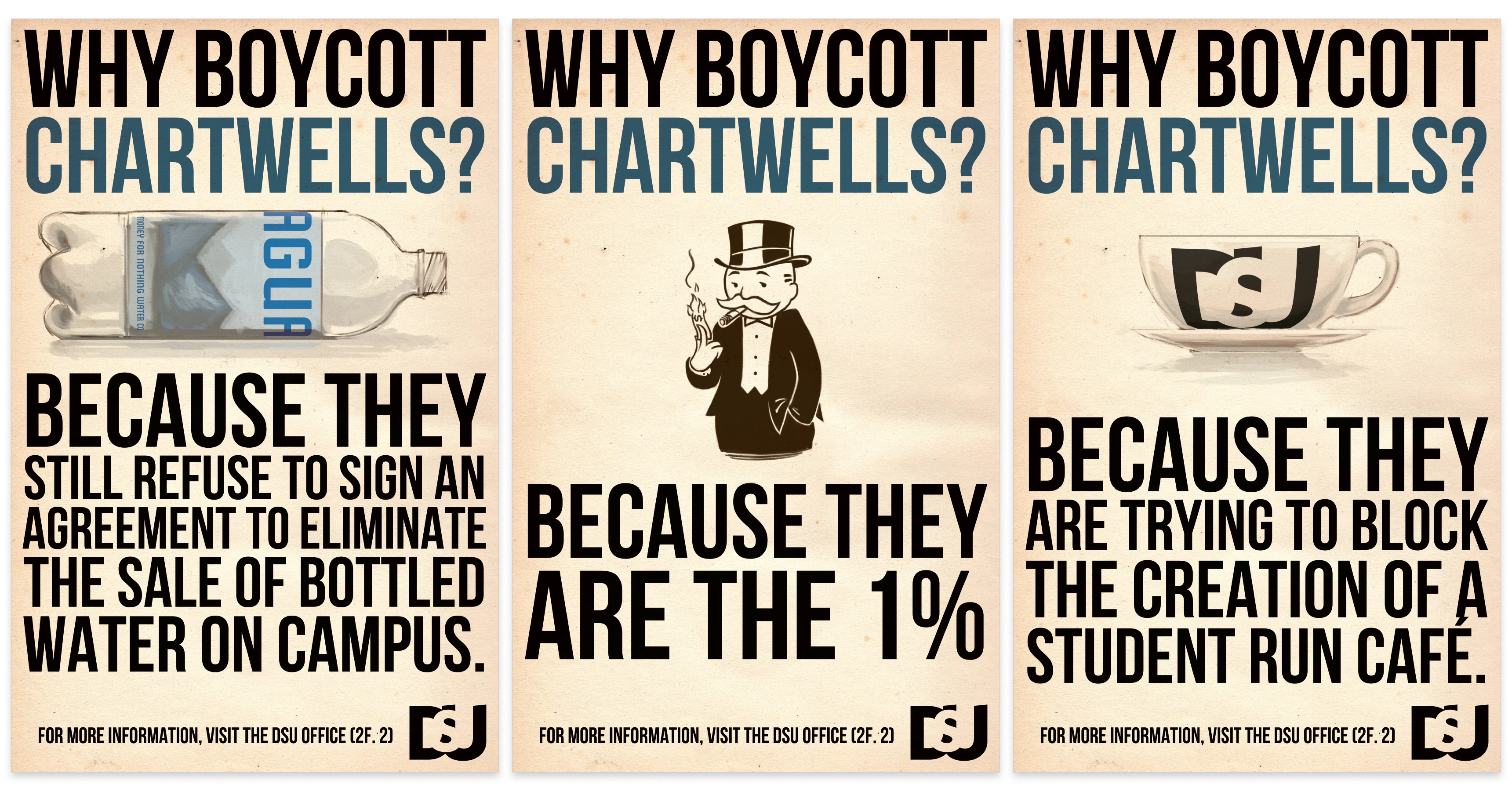 A set of three posters calling for boycotting Chartwells, each using large blocks of explanatory text with a central illustration