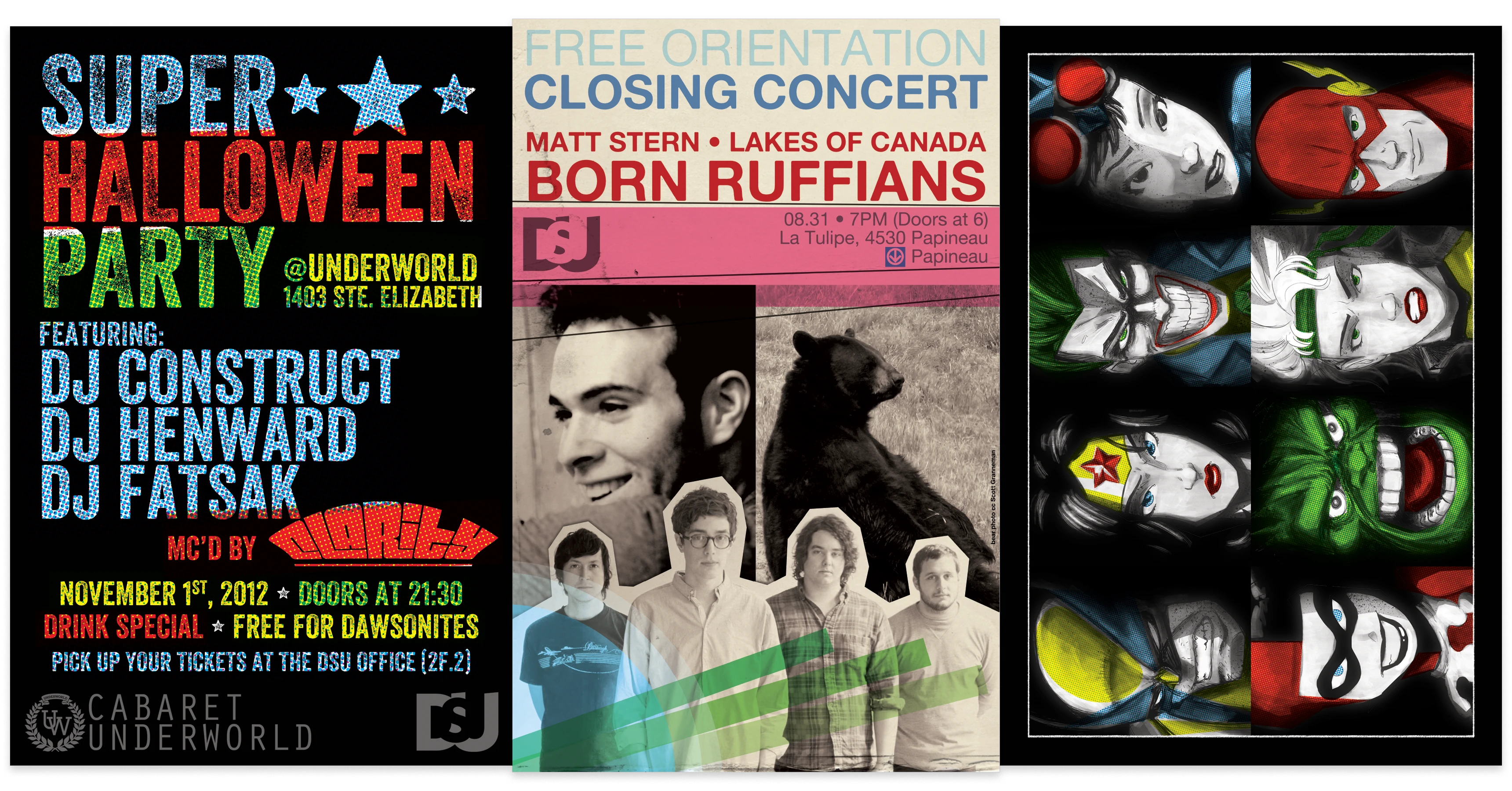 A DSU concert poster for Born Ruffians using photos and colourful shapes, flanked by both sides of a flyer for a superhero themed Halloween party using a comic-style halftone print effect, with party details on one side, and illustrations of 8 famous comics characters on the other