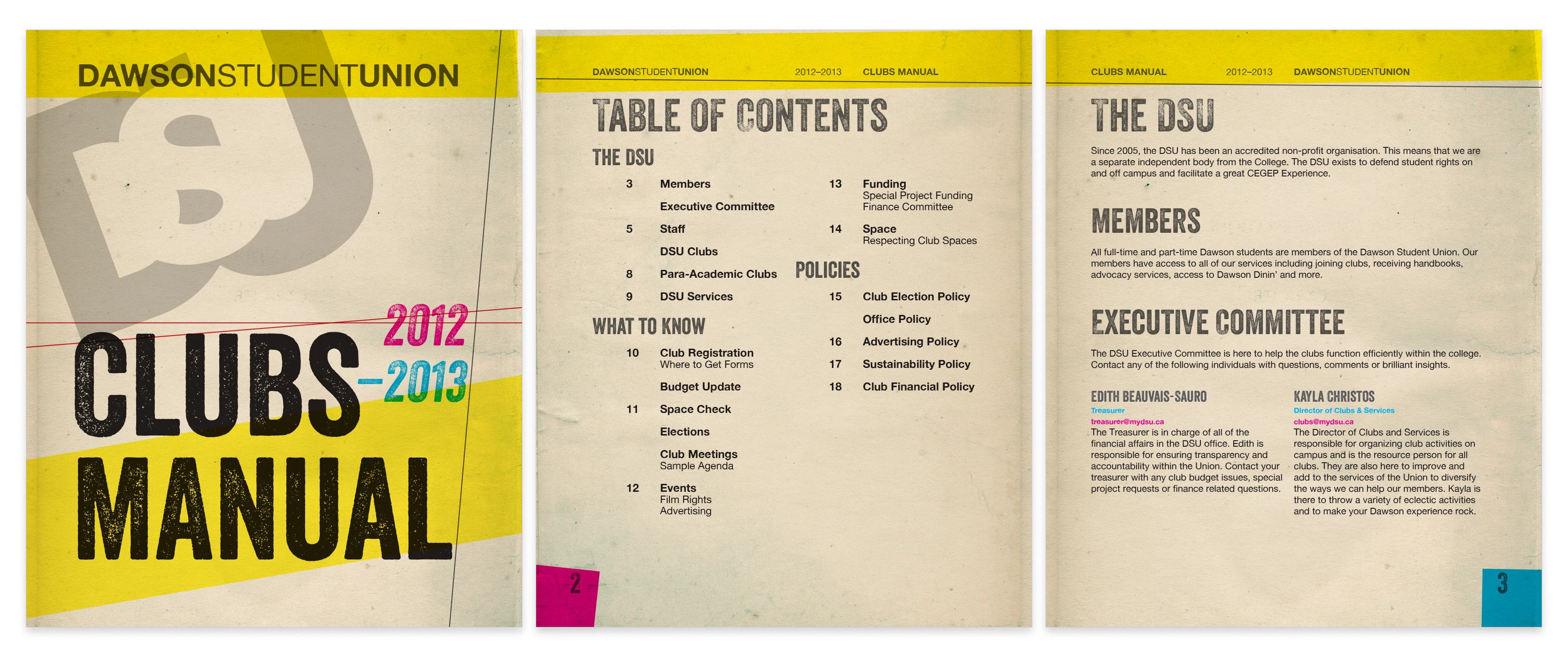 Three pages from the DSU Clubs Manual using CMYK colours and an aged paper texture background throughout