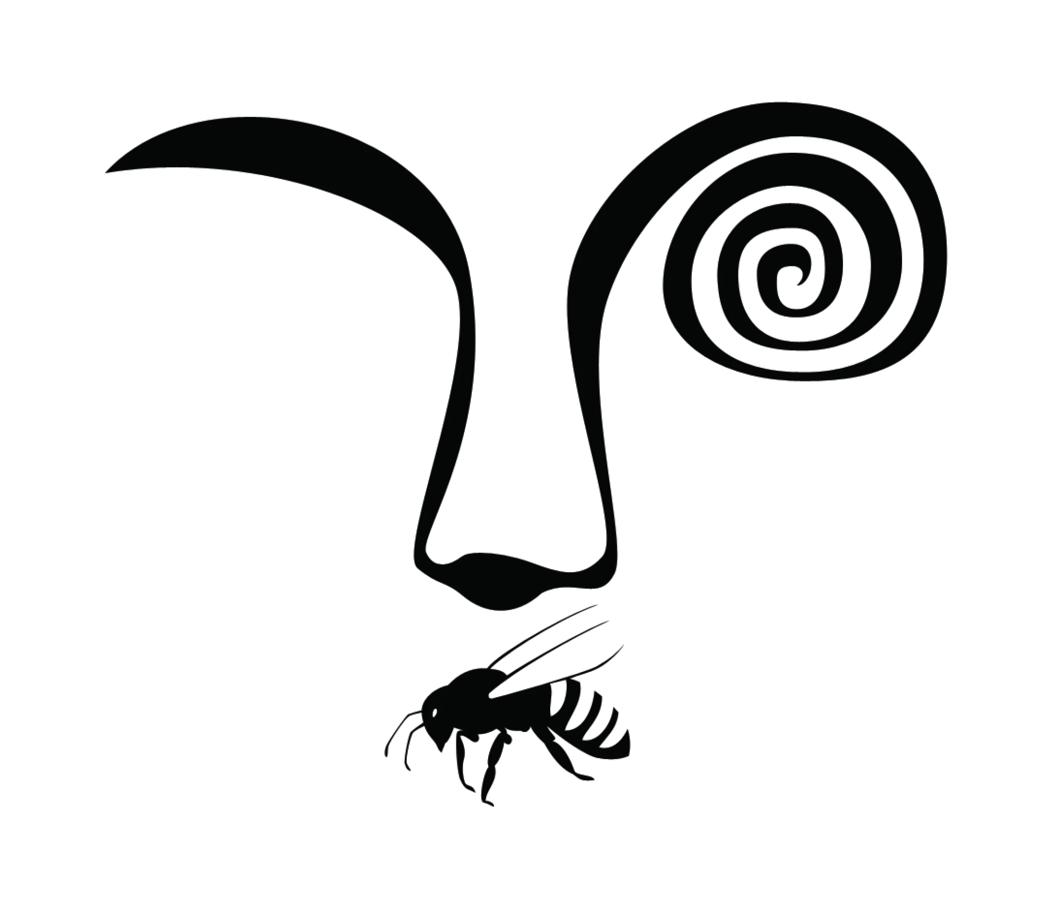 The Hive logo, a brow line which becomes the outline of a nose then a spiral-shaped eye, with a detailed wasp where a mouth would be on a face