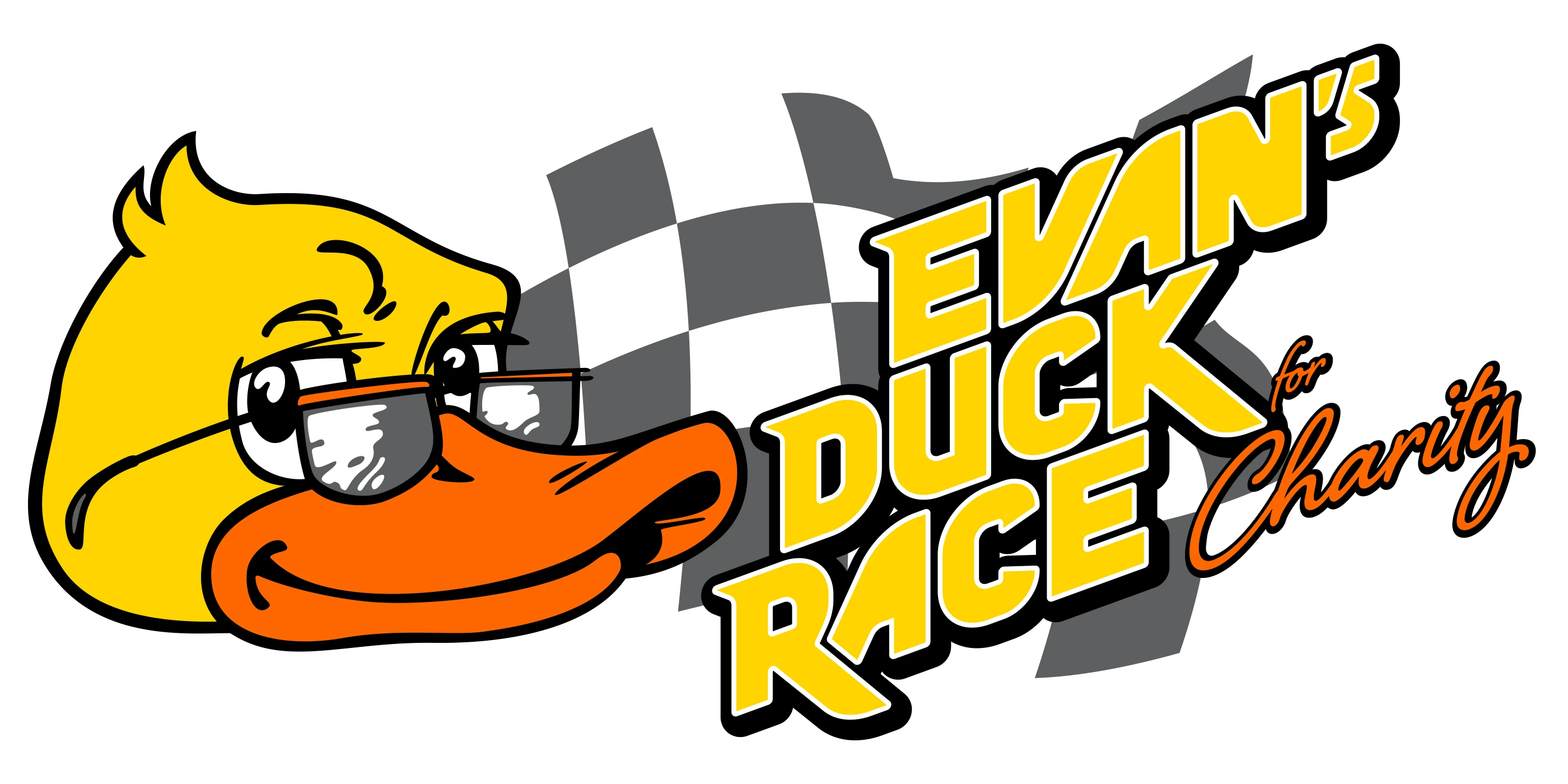 A cartoon duck wearing aviator glasses, with the words 'Evan's Duck Race for Charity' over a checkered racing flag