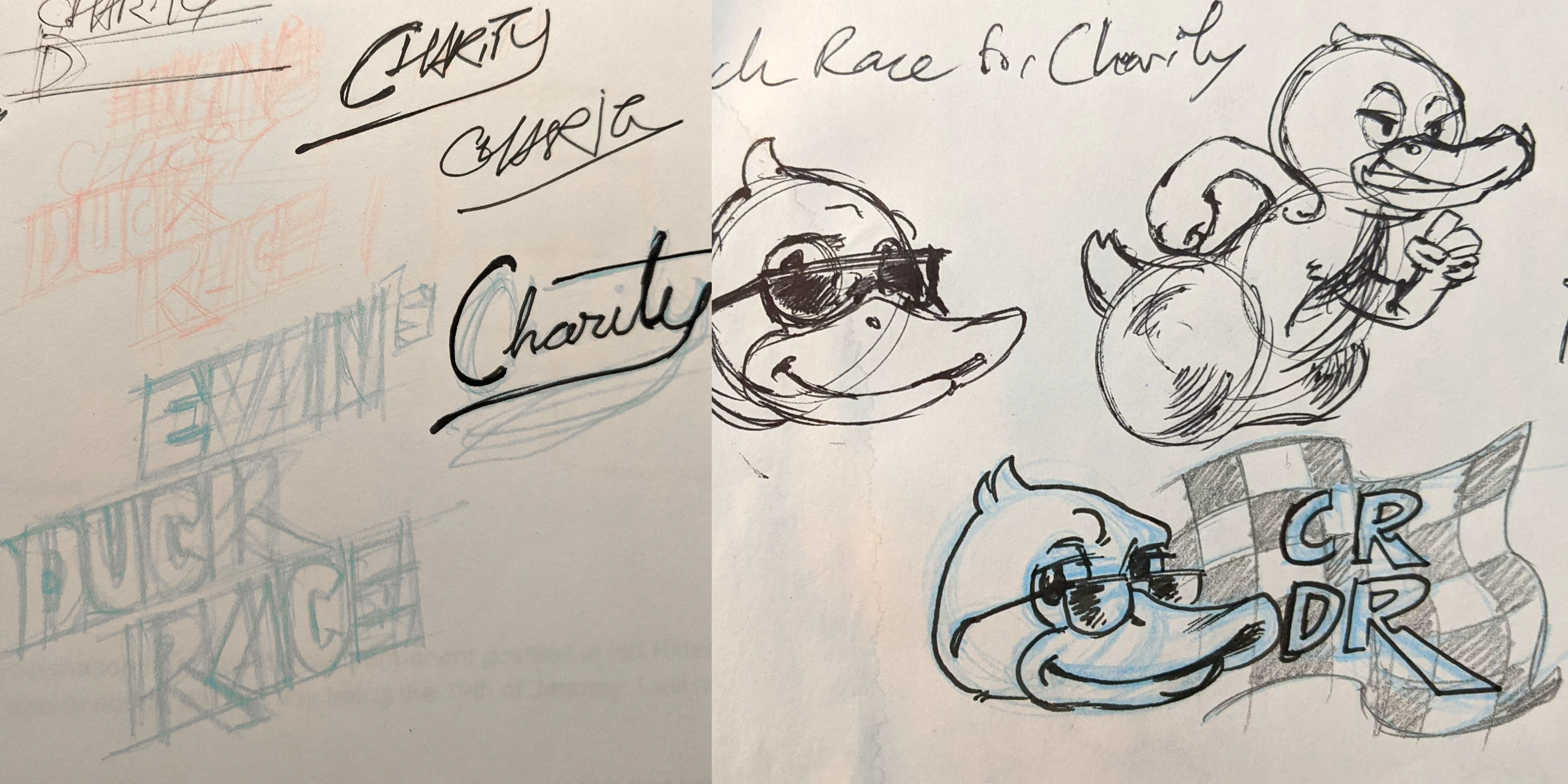 Sketches of the words 'Evan's Duck Race' and 'Charity' as well as some cartoon ducks running fast and looking cool