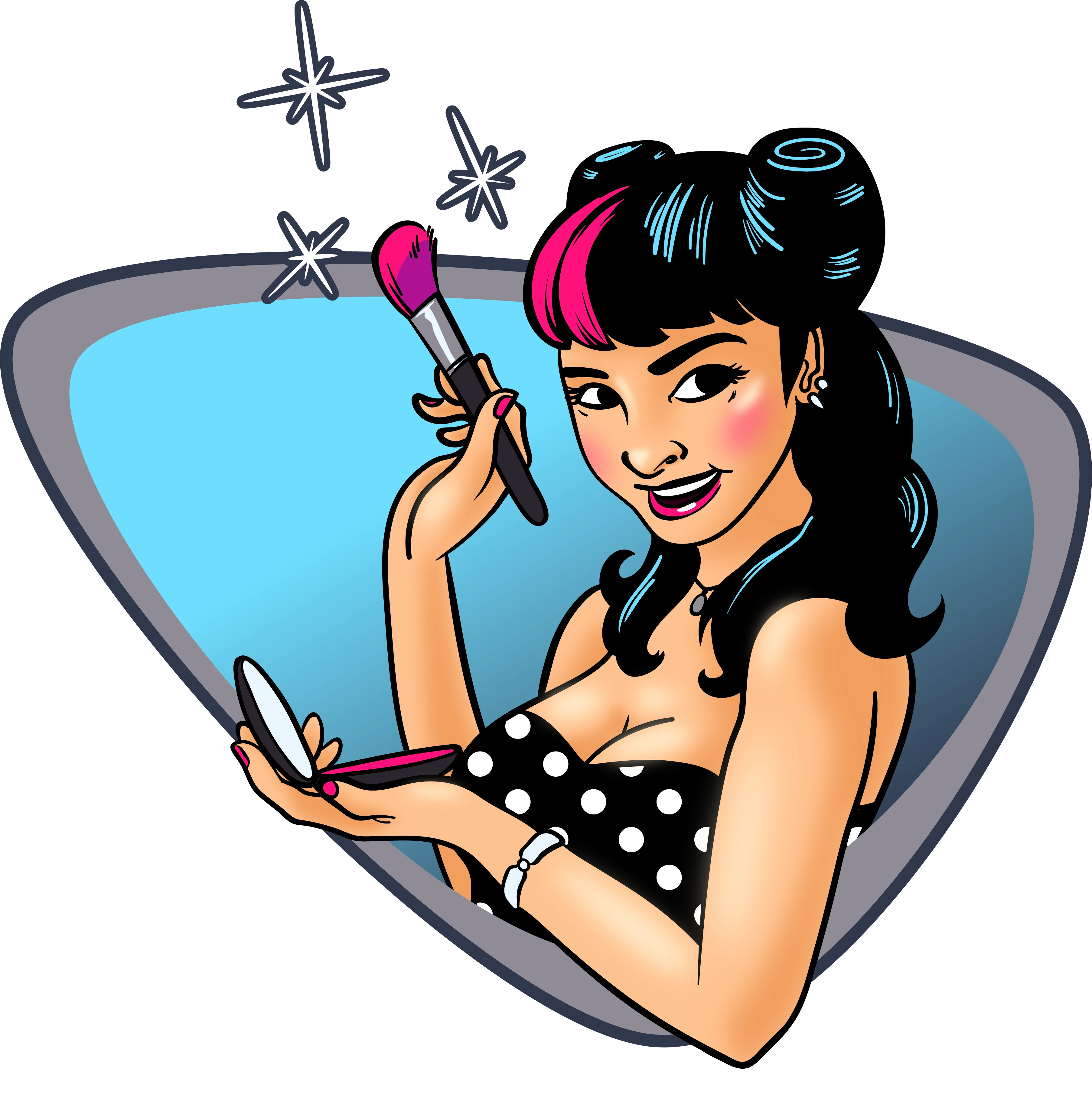 An illustration of Friskey holding a compact and makeup brush forming the icon of the logo