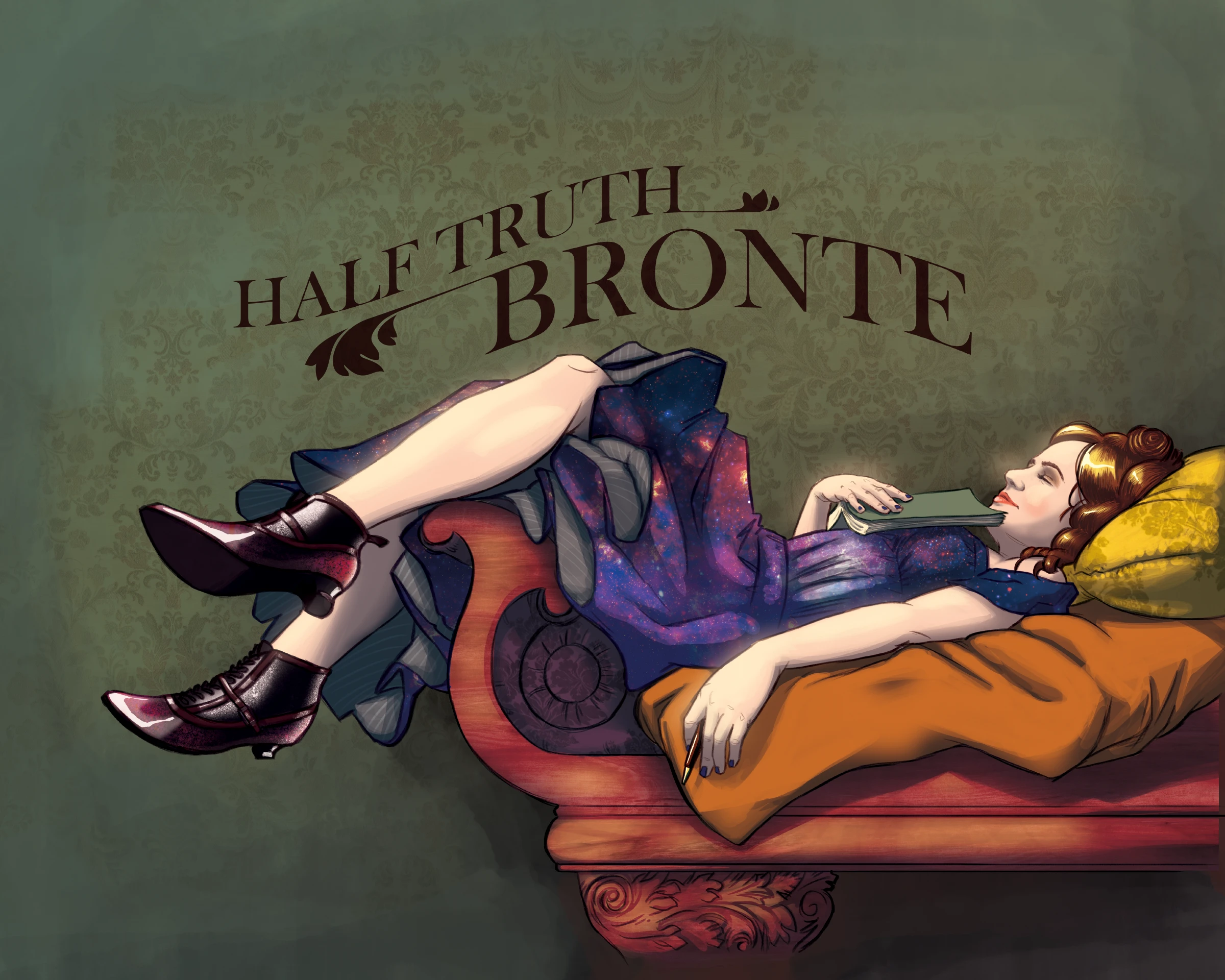 A reclined figure on a chaisse, holding a book and a pen, with the text HALF TRUTH BRONTE