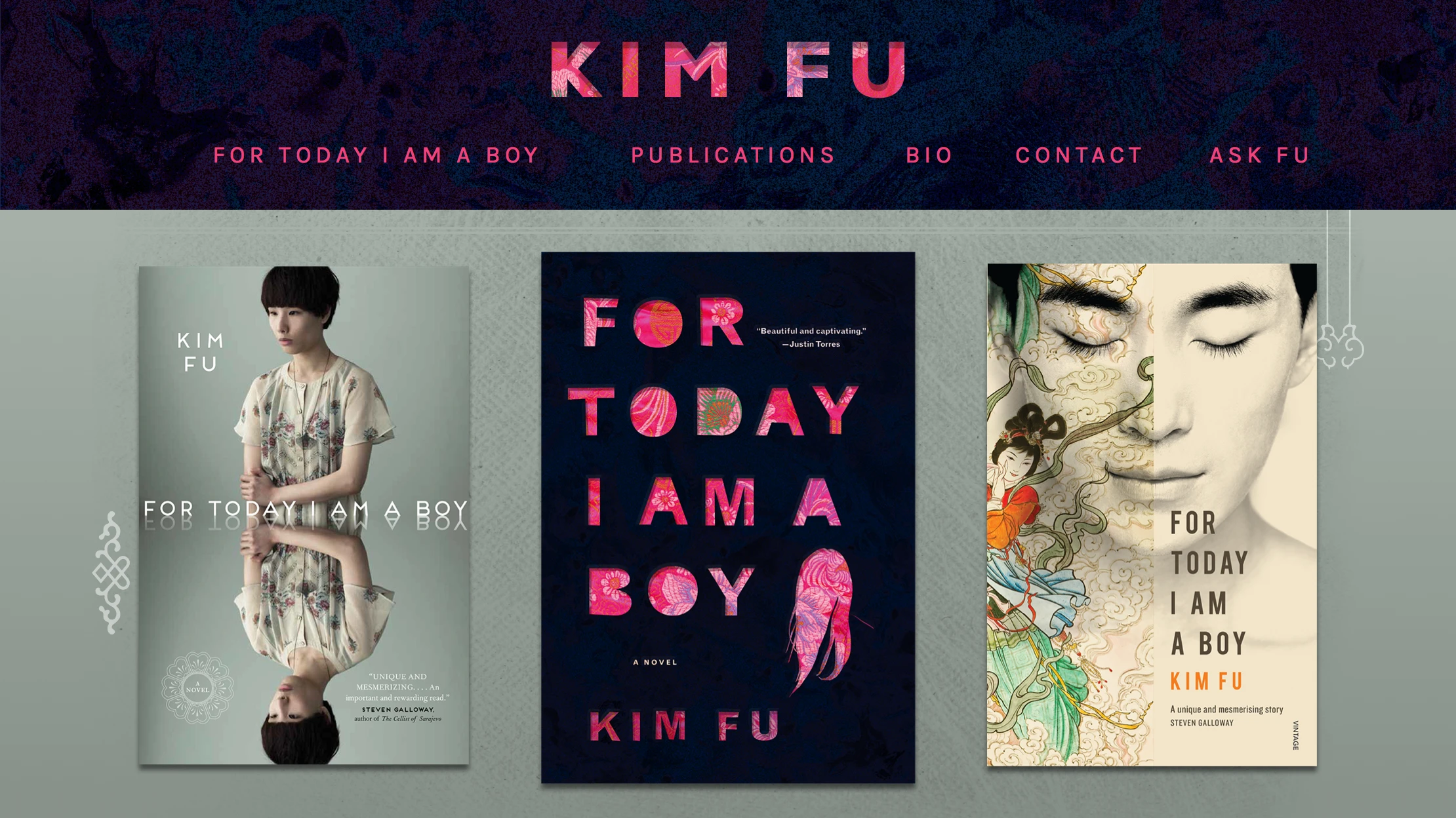 The landing page of KimFu.ca with the three versions of Kim's first novel