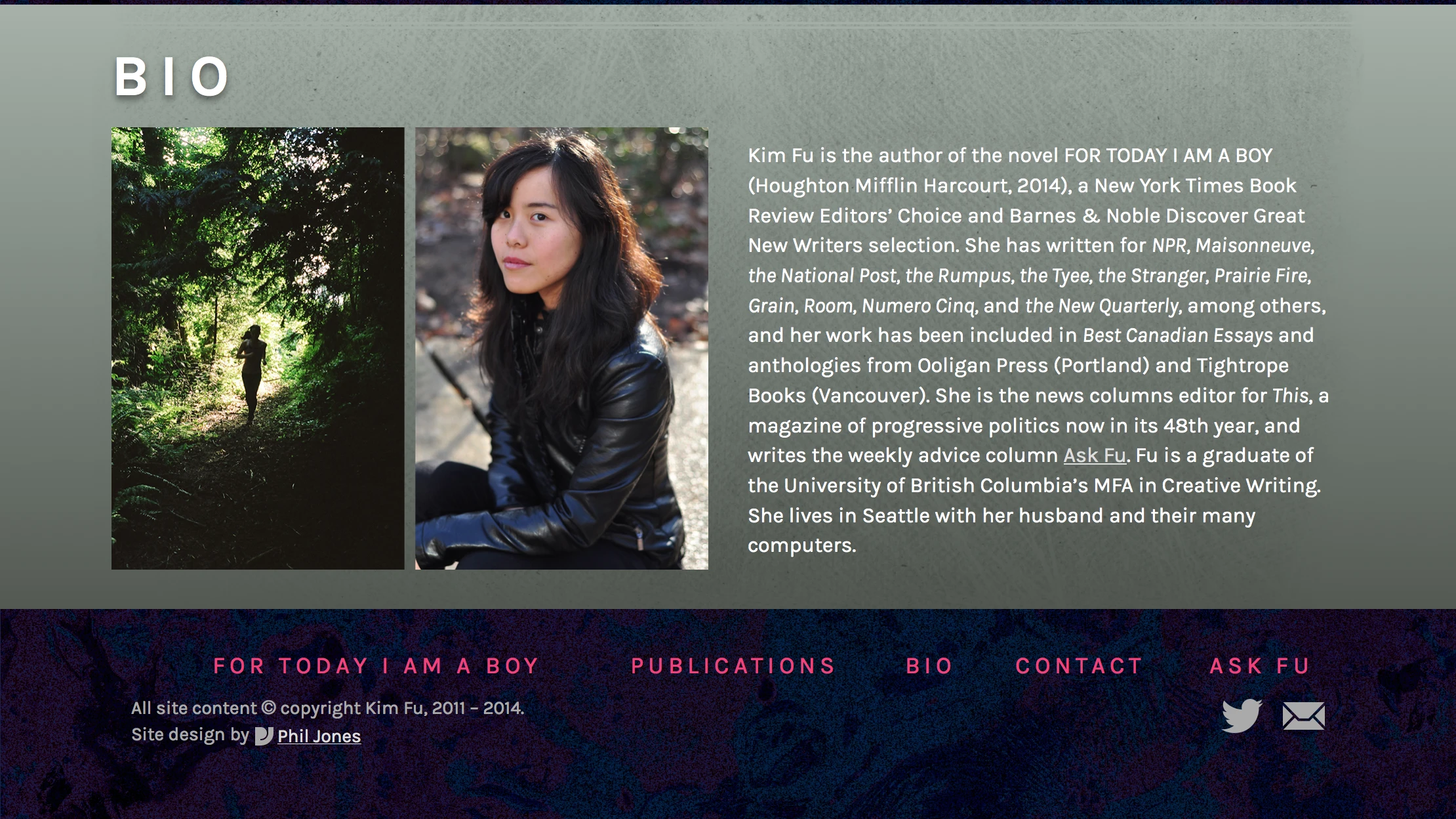 Kim's bio on KimFu.ca accompanied by two photos