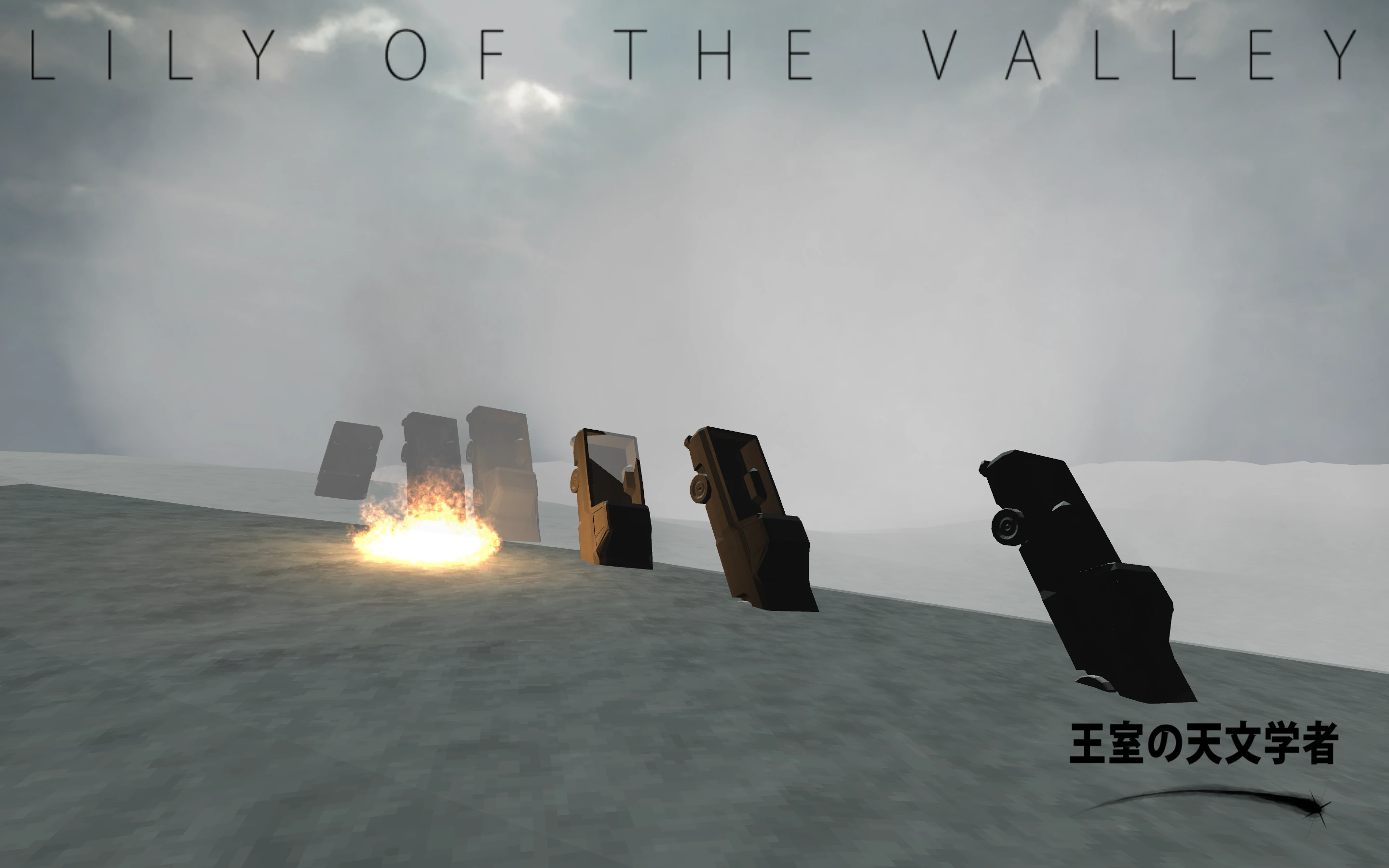 A screenshot from the opening of Lily of the Valley, with six pickup trucks in a line, buried nose-first in the ground, with a fire burning near the middle of the line