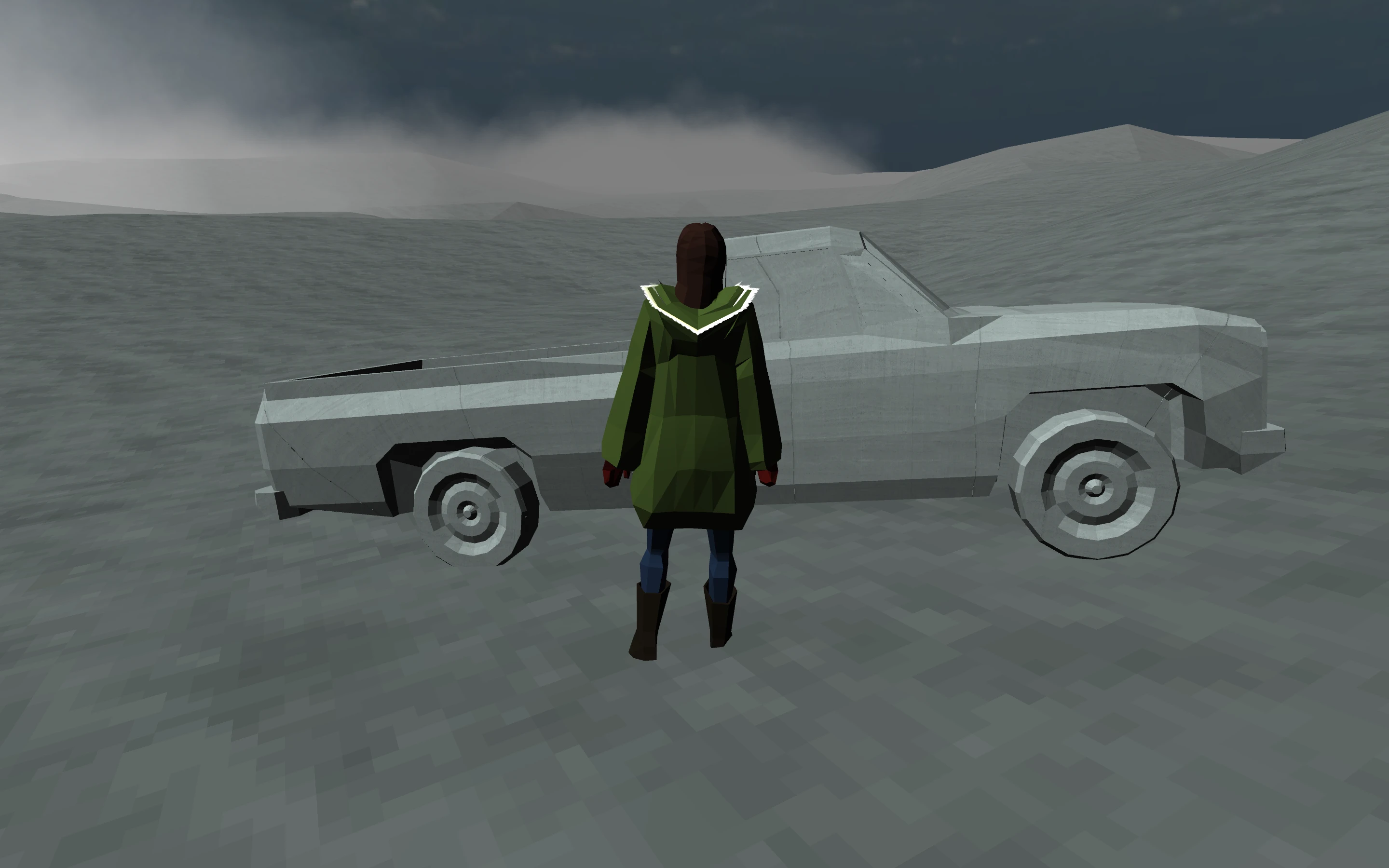 A screenshot from Lily of the Valley, with Lily standing in front of a pickup truck