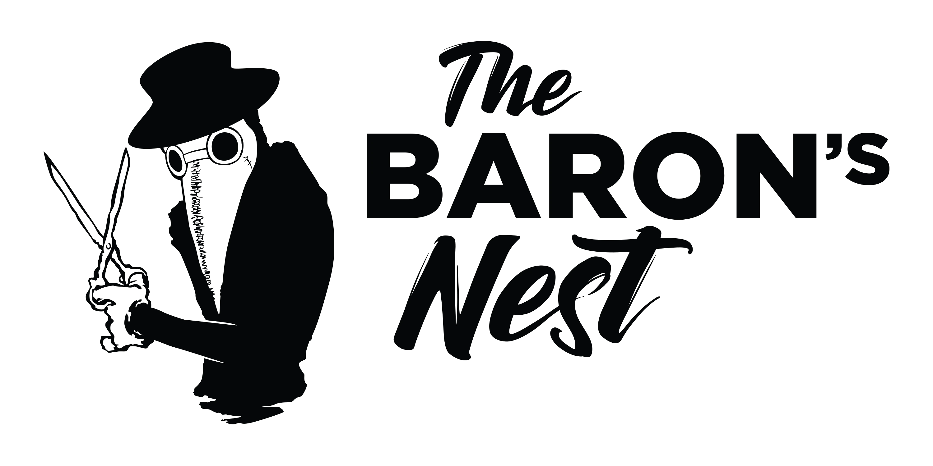 The Baron's Nest logo, with a cartoon plague doctor to the left of the text