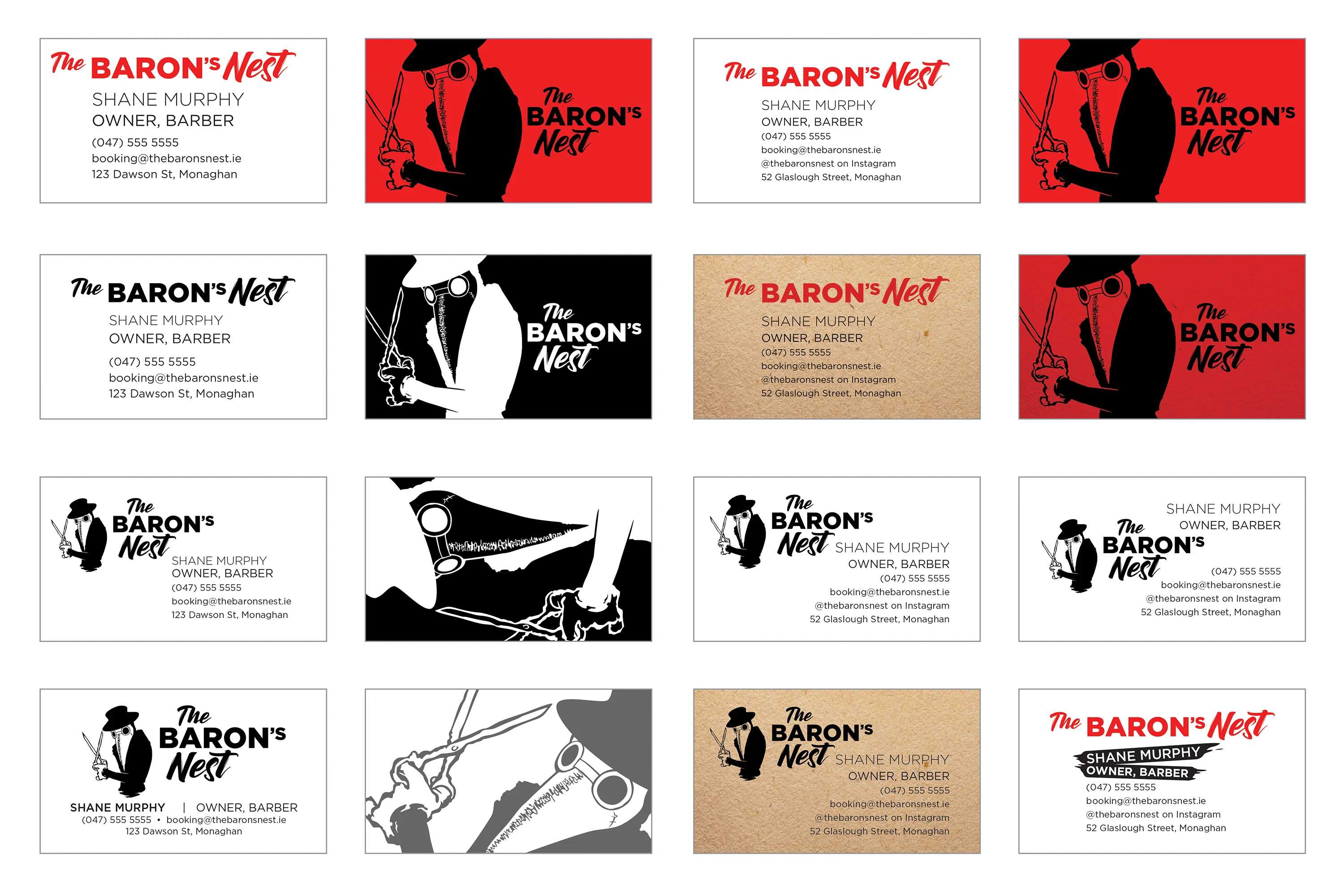 A series of 16 business card designs playing on the logo