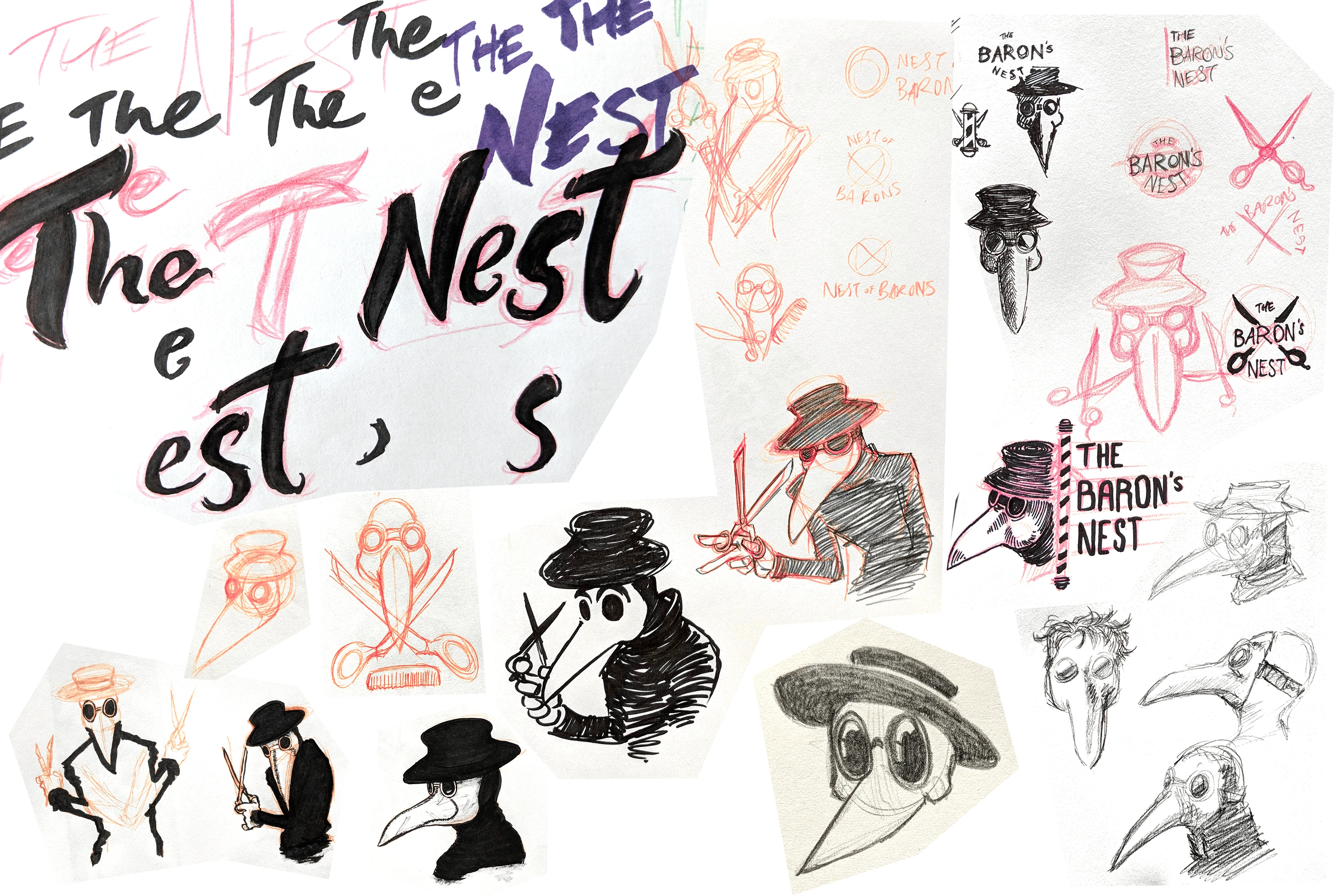 A collage of sketches of cartoon plague doctors, scissors, barber's poles, and the word 'Nest'