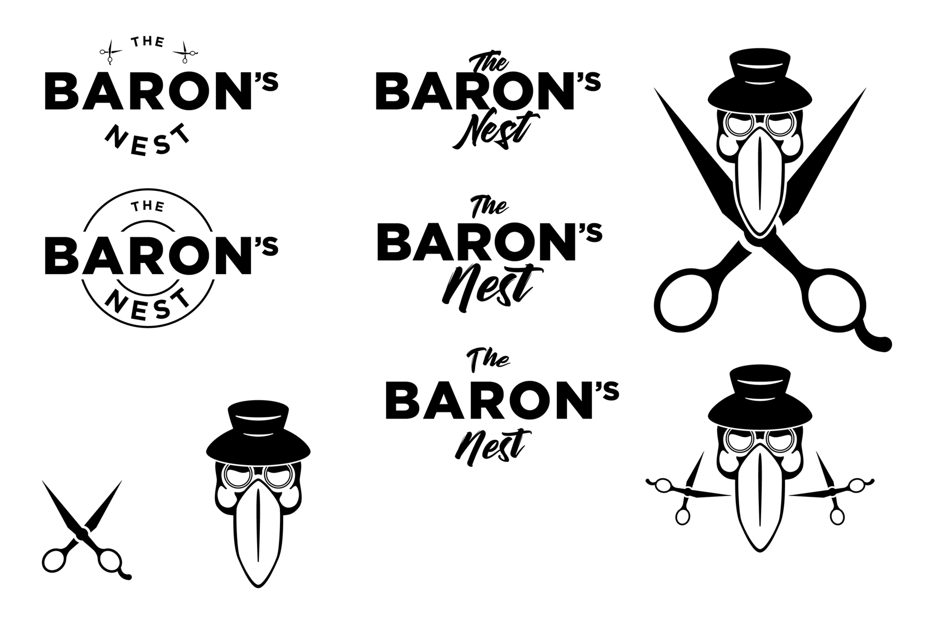 Some iterations on the Baron's Nest wordmark combined with scissors and plague masks as simple graphical elements