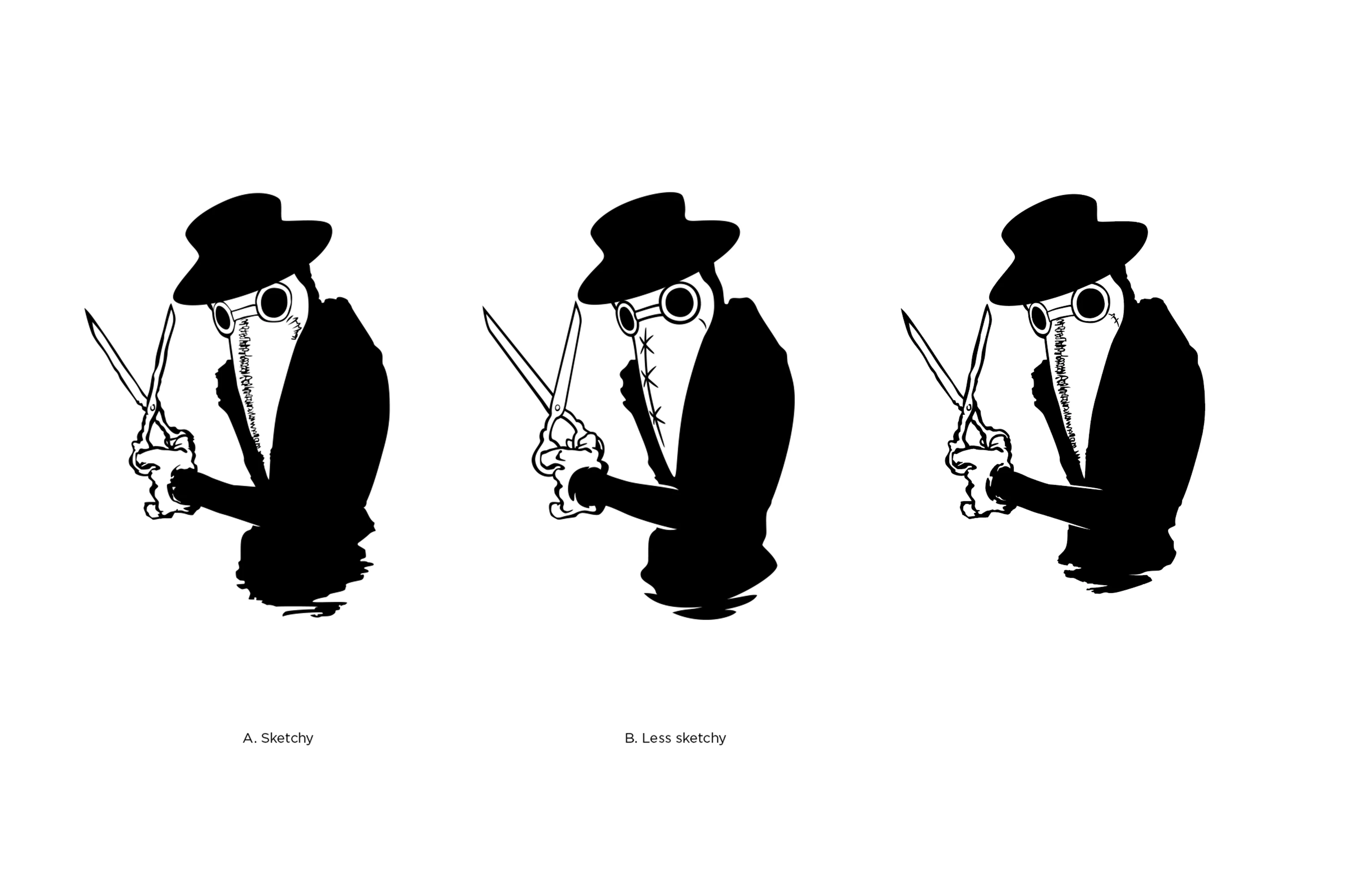 Three versions of the cartoon plague doctor with different line qualities and detail simplification