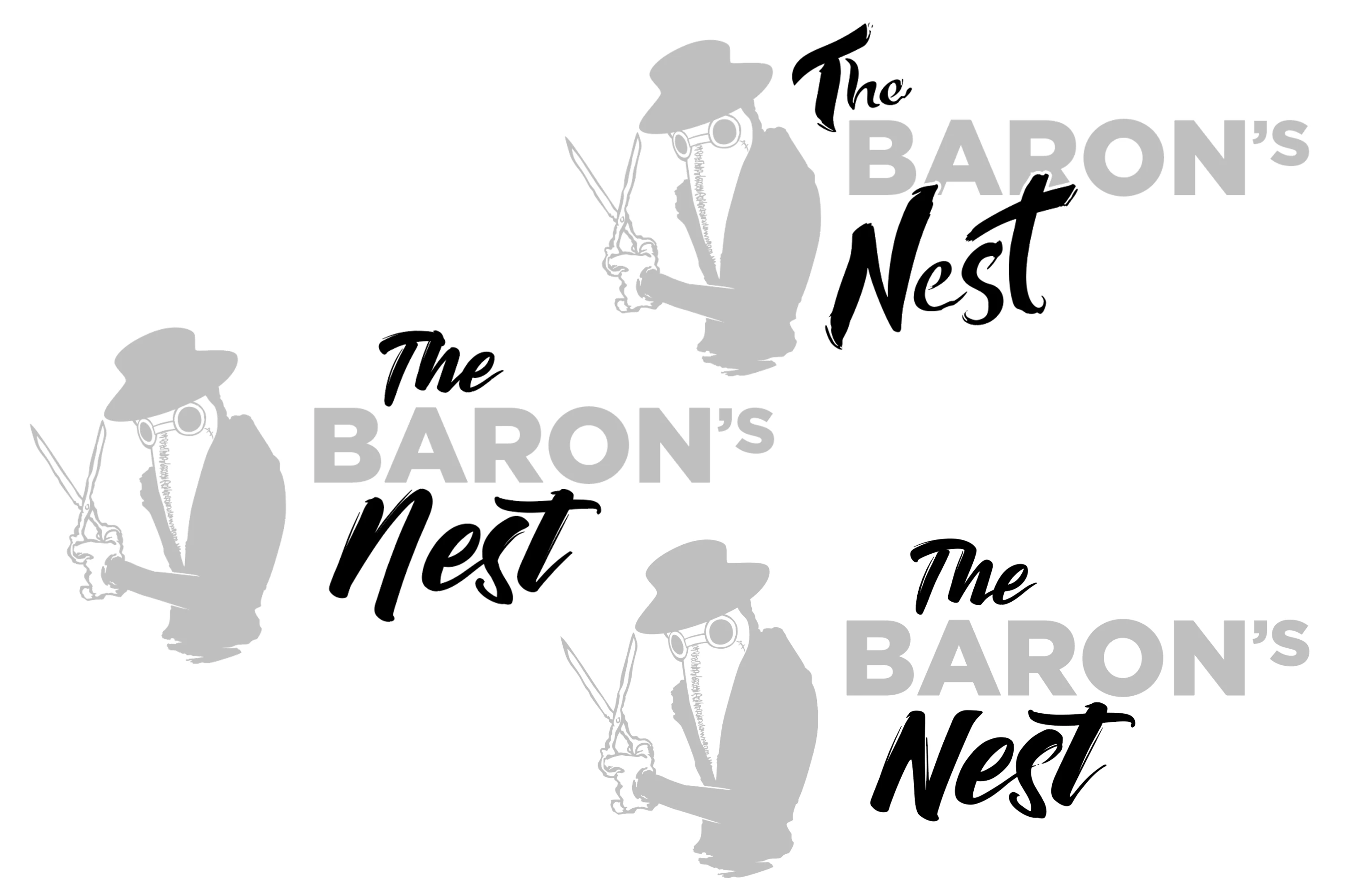 Three iterations on the 'The' and 'Nest' in a wordmark, with 'Baron's' and a cartoon plague doctor greyed out for each iteration