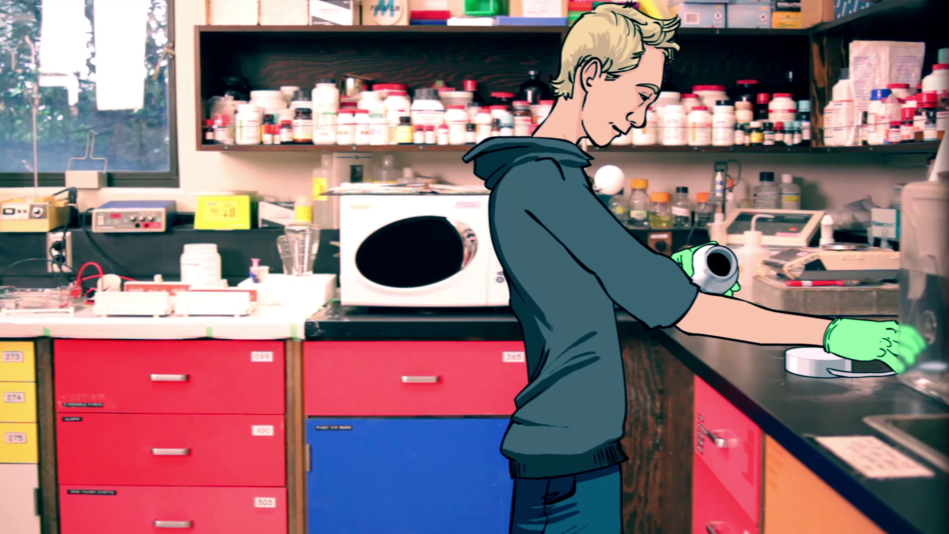 A video still with an animated character at a workbench filled with equipment and labelled jars, holding an open container and reaching for a measuring spoon