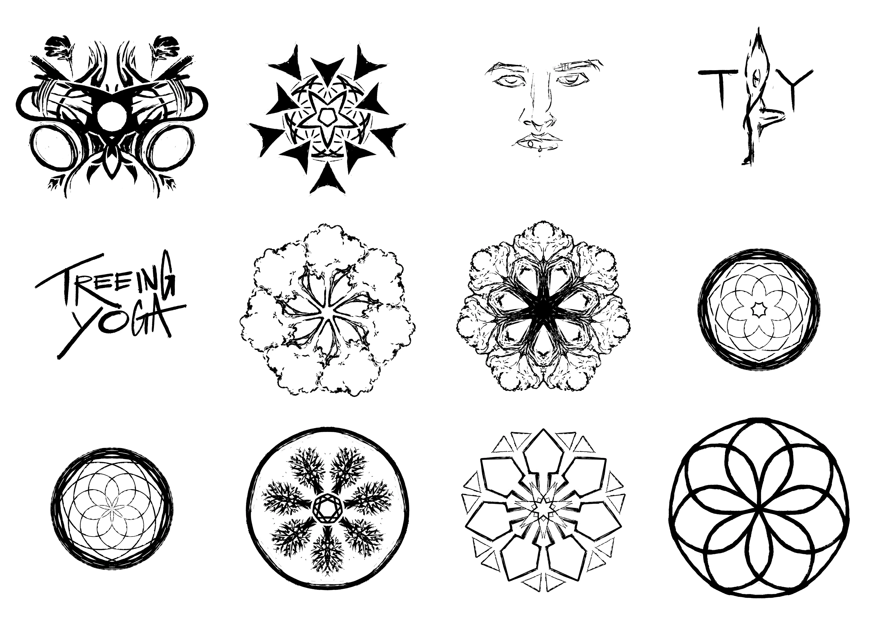 12 sketches for the Treeing Yoga logo, most of them using circular symmetry with 7 iterations