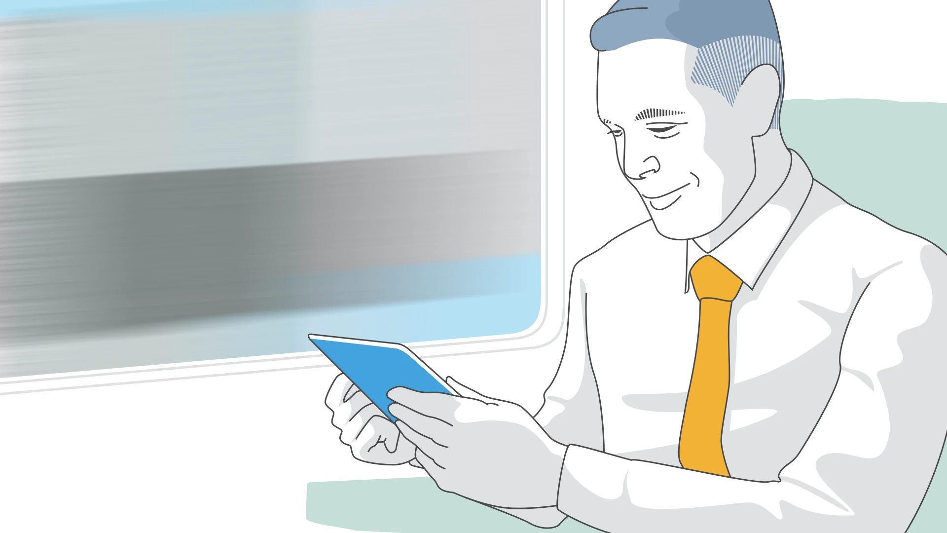 An illustration of a man on a train looking at a tablet